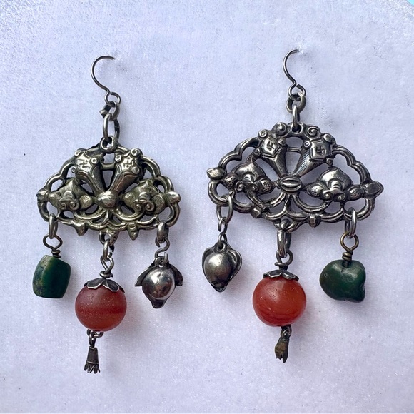 Antique (c.1880–1930) Chinese Silver Earrings 22g Qing Dynasty Carnelian Jade Tr - Picture 1 of 11